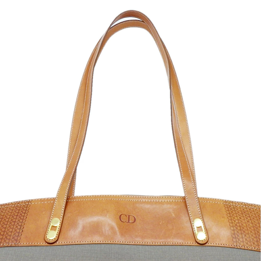 Christian Dior Shoulder Bag Tote Canvas Leather Trim Gray Christian